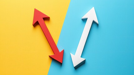 A vibrant image featuring contrasting red and white arrows on yellow and blue backgrounds, symbolizing movement or direction.