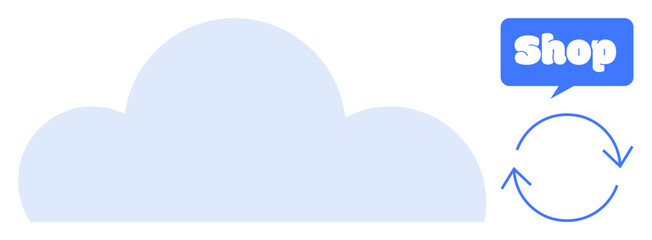 Large light blue cloud with a blue Shop box and a blue recycling symbol. Ideal for online shopping, eco-friendly practices, cloud services, digital marketplace, sustainability
