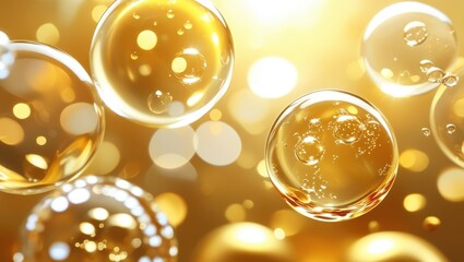 Bubbles, golden liquid, champagne, macro photography, shimmering, effervescent, high-contrast, luxurious, sparkling, reflective surfaces, warm tones, close-up, celebratory, elegant, glossy, transparen