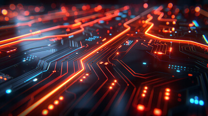 Circuito electrónico con luces LED en tonos naranja y azul