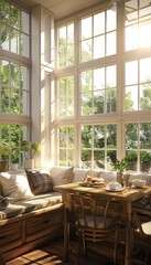 Fototapeta premium Cozy Dining Nook with Sunlit Windows and Cushioned Bench for Breakfast Spot
