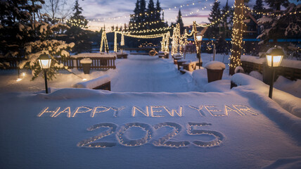 Snowy outdoor scene with "Happy New Year 2025" written in the snow, surrounded by sparkling lights under a soft twilight sky. Ideal for festive and seasonal designs.