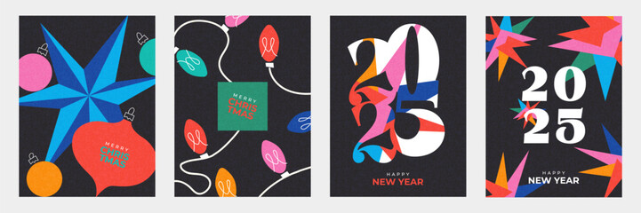 Merry Christmas and Happy New Year 2025 set of greeting card, poster, web banner, holiday cover. Modern bright Xmas design template in trendy geometric style for ads, sales, print and season greetings © Tanya