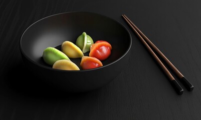 Colorful dumplings in black bowl with chopsticks.