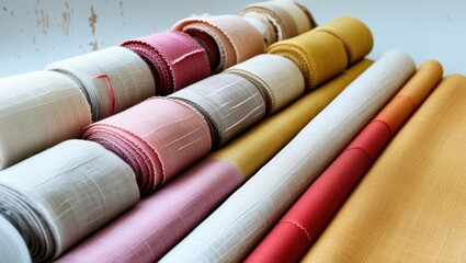 Fabric rolls, pastel colors, textile display, soft textures, natural light, linen materials, craft supplies, sewing notions, muted tones, window sill, DIY crafting, interior decor, delicate fabrics, a
