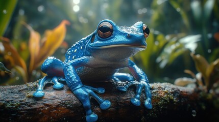 A vibrant blue frog with black spots sits on a mossy branch in a lush green rainforest.