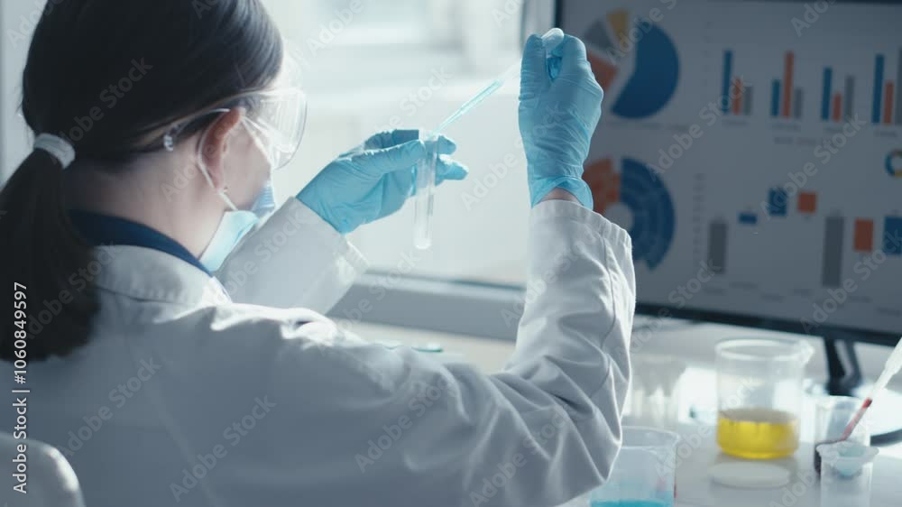 Poster A skilled lab researcher analyzes samples with advanced data visualization techniques, creating graphs to clarify complex info in biology, biomedical research, chemistry, and biotechnology