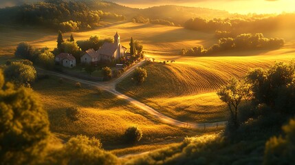 Fototapeta premium Scenic aerial view of a sunlit farm with fields of gold, winding paths meandering through the landscape, soft light creating long shadows, serene and open countryside,