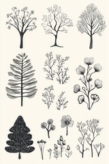 Fototapeta premium A set of six tree illustrations, including evergreen and deciduous trees in various styles.