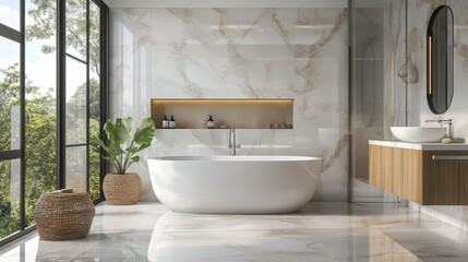 Modern luxurious spacious bathroom in modern luxury home architecture. architecture modern bathroom. Ultra realistic. Photorealistic hypermaximalist advertising photography hyper realistic fine detail