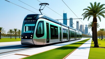 Fototapeta premium Modern light rail tram, futuristic city transportation, palm tree lined street, waterfront promenade, sleek blue skyscrapers, sunny day, clean urban environment, eco-friendly public transit, coastal c