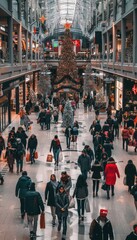 Festive Holiday Shopping Scene with Excited Shoppers in a Christmas Decorated Mall
