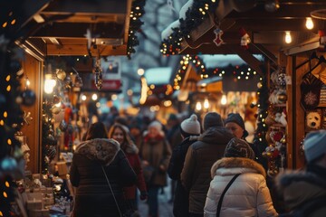 Fototapeta premium Festive Holiday Market with Cheerful Shoppers and Decorative Lights for Seasonal Celebration