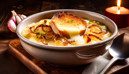 A comforting bowl of classic French onion soup, brimming with caramelized onions in a savory.