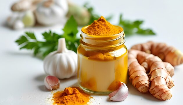 Jar of golden turmeric powder with garlic and ginger, ideal for immunity and wellness themes