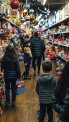 Naklejka premium Holiday Shopping Frenzy at a Toy Store with Festive Decorations and Busy Crowds