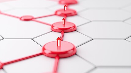 A close-up of interconnected hexagonal shapes with red markers and upward arrows, symbolizing progress or network connectivity.