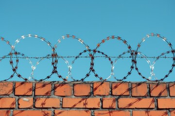 An image of a dilapidated brick wall with rusty barbed wire barricades, symbolizing urban decay and security fencing. The fence appears to be made from scrap metal.