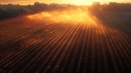 Obraz premium Scenic farmland at sunset, captured from above, long shadows stretching across tilled fields, crops catching the last golden light, evening atmosphere with soft mist in the distance, highly detailed,