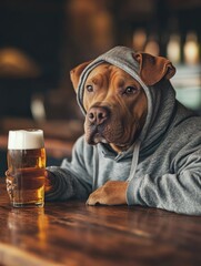 Joyful dog enjoying beer in a bar, sitting at the counter with its paw on the table.