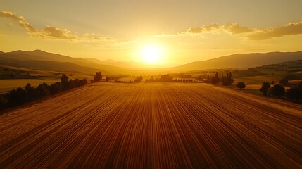 Fototapeta premium Sunset aerial view of farmland, elongated shadows from rows of crops and trees, golden light enhancing the earthy textures, sun dipping behind distant hills, peaceful and warm ambiance,