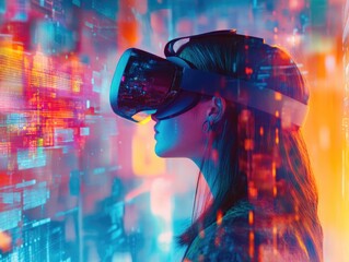 A person wearing a virtual reality headset, immersed in vibrant digital space. High technology concept.