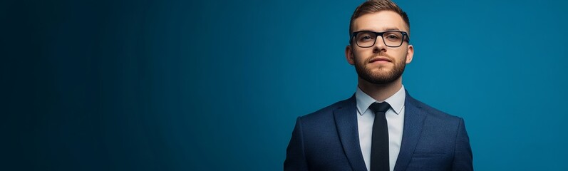 Young caucasian man wearing a suit and glasses looks directly at the camera. He stands against a blue background.