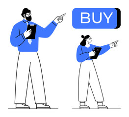 Business team with tablets pointing at large BUY button. Ideal for ecommerce, digital marketing, online sales, product promotion, web design, user engagement, business strategy. Line metaphor