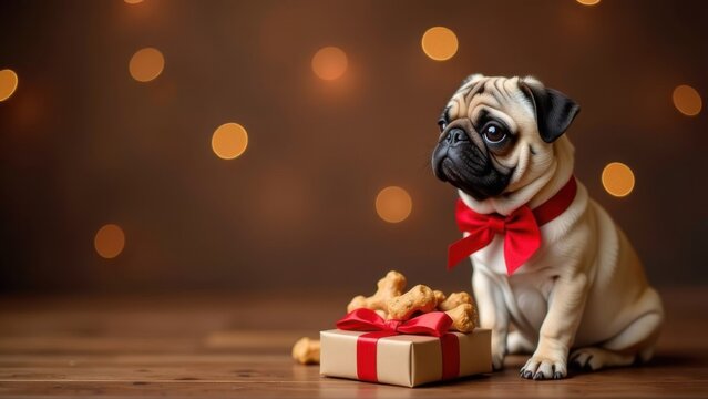 Cute pug dog in red bow, side view, sitting on festive background with gift box and dog treats, space for text or logo