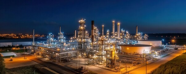 Fototapeta premium Night view of refinery, bright lights illuminating complex fuel processing setup