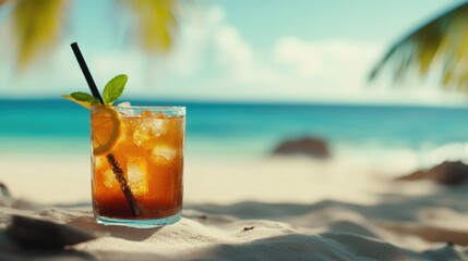 Ice cold cocktail on the beach with a view of the ocean.