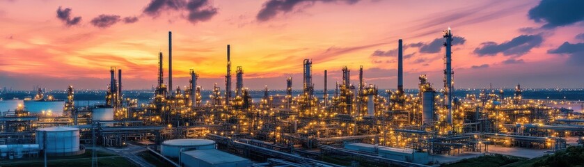 Fototapeta premium Oil refinery plant at sunset, glowing industrial lights, massive fuel complex
