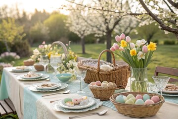 Elegante Ostertafel im Freien mit Frühlingsblumen und pastellfarbenen Eiern