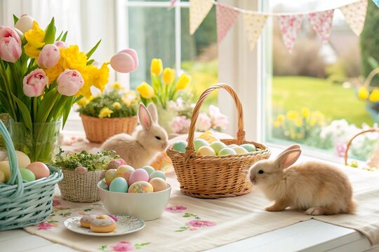 Fr&ouml;hliche Ostertafel mit H&auml;schen und bunten Eiern