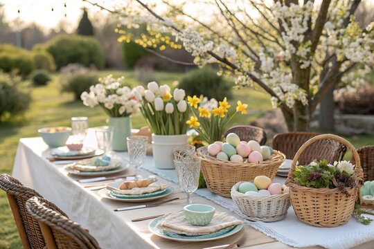 Fr&uuml;hlingshafte Ostertafel im Garten mit bunten Eiern und Blumenarrangements