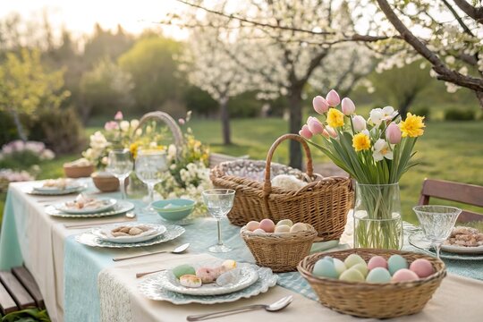 Elegante Ostertafel im Freien mit Fr&uuml;hlingsblumen und pastellfarbenen Eiern