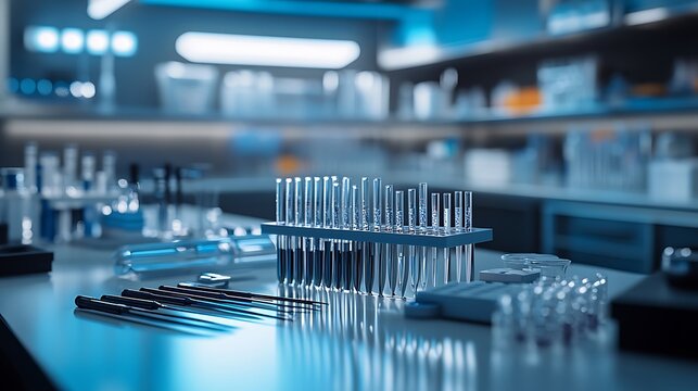 A neatly arranged collection of laboratory tools including pipettes, burettes, and tongs on a clean workbench, bright lab lighting highlighting the metallic and glass textures,