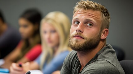 Obraz premium Attentive listening in a group setting: focused man in a classroom environment