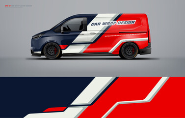 van wrap design for universal medium van, with a touch of Abstract simple racing Graphics in red black and white with background. Vector eps print ready printable file.