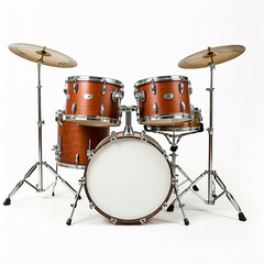 brown wooden drum set with cymbal stands on white background