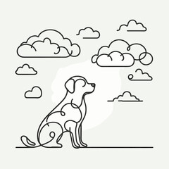 A whimsical line drawing of a dog gazing at the clouds in a serene outdoor setting