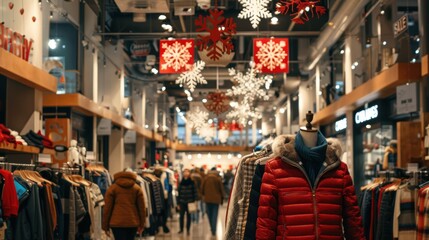 Obraz premium Winter Fashion Sale Banner in Clothing Store with Mannequins and Shoppers