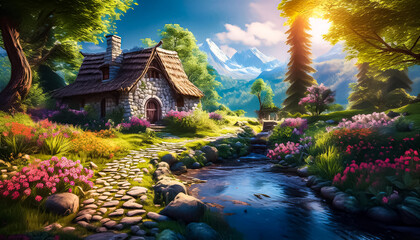 Beautiful cozy fantasy stone cottage in a spring forest aside a cobblestone path.
