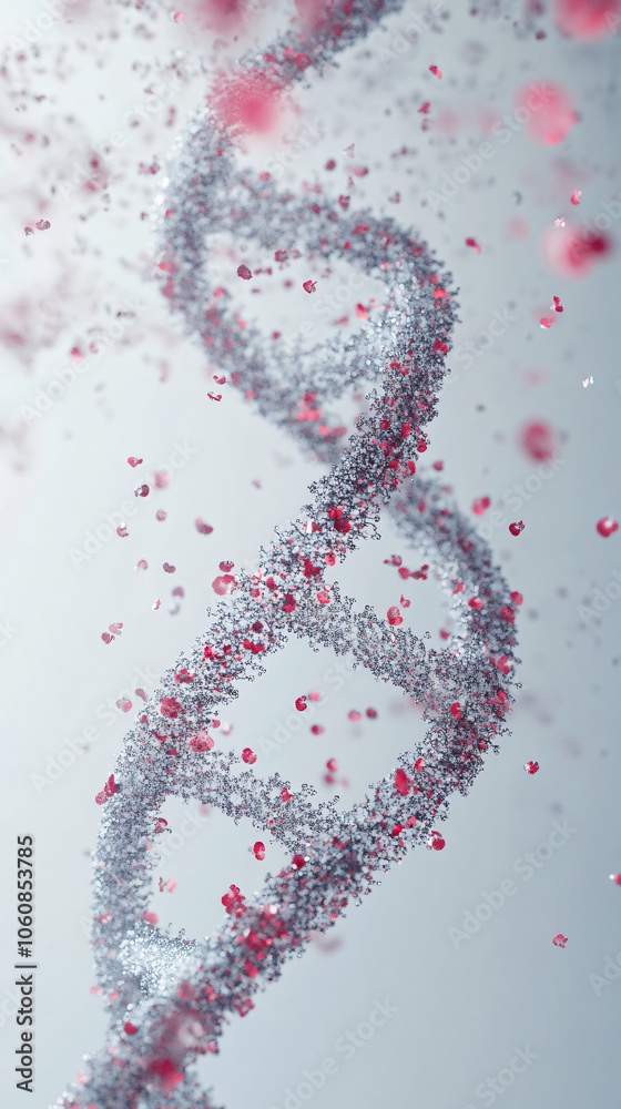 Aufkleber abstract 3d dna helix releasing particles on a grey background, merging science and genetics with ar