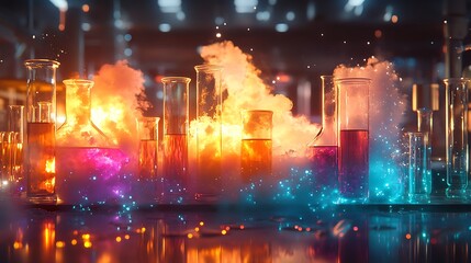 Fototapeta premium A vibrant chemical reaction taking place in glass beakers and test tubes, colorful liquids bubbling and emitting wisps of smoke,