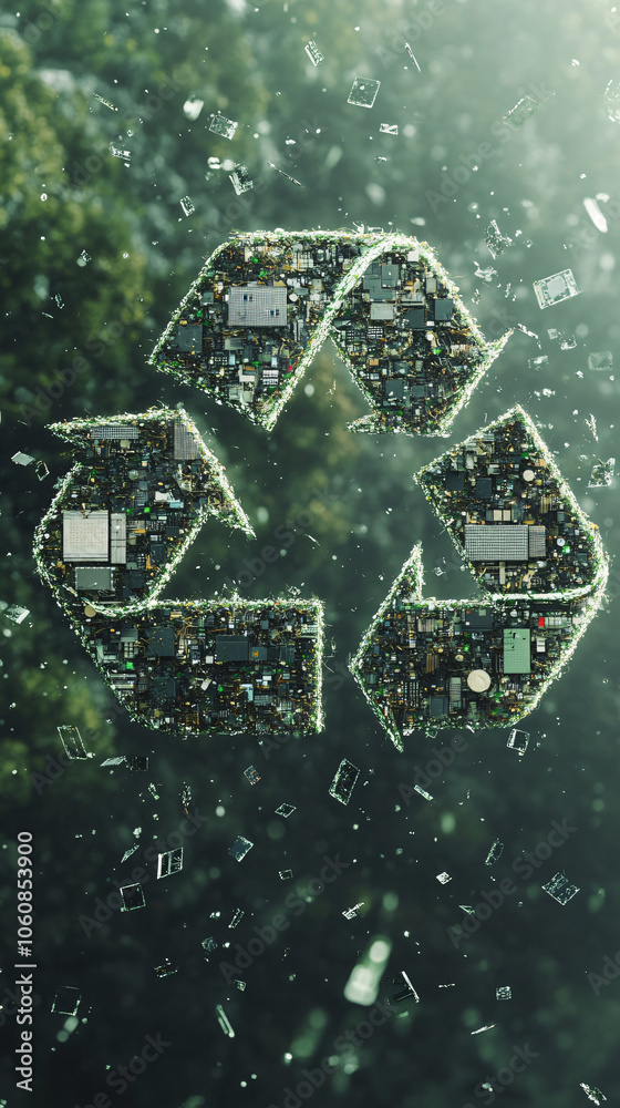 Aufkleber sustainable project concept: computer parts arranged in a recycling symbol on a green background
