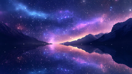 Fototapeta premium A beautiful night sky with a purple and blue aurora. Aurora Borealis Reflection. Illustration
