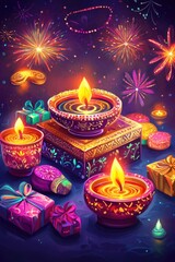 Illuminated Diwali celebration. Lights and candles create a festive atmosphere for this Indian holiday, where gifts are given to loved ones.