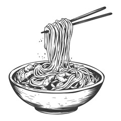A Bowl of Noodles Being Lifted with Chopsticks