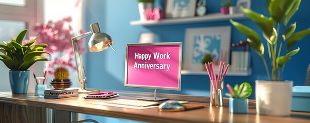 Celebratory office desk featuring a sign reading 'Happy Work Anniversary.' Warm and welcoming workspace.